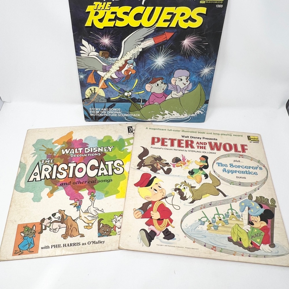 Lot of 3 Vintage Disney Vinyl Records Aristocats Rescuers Peter and the Wolf LP